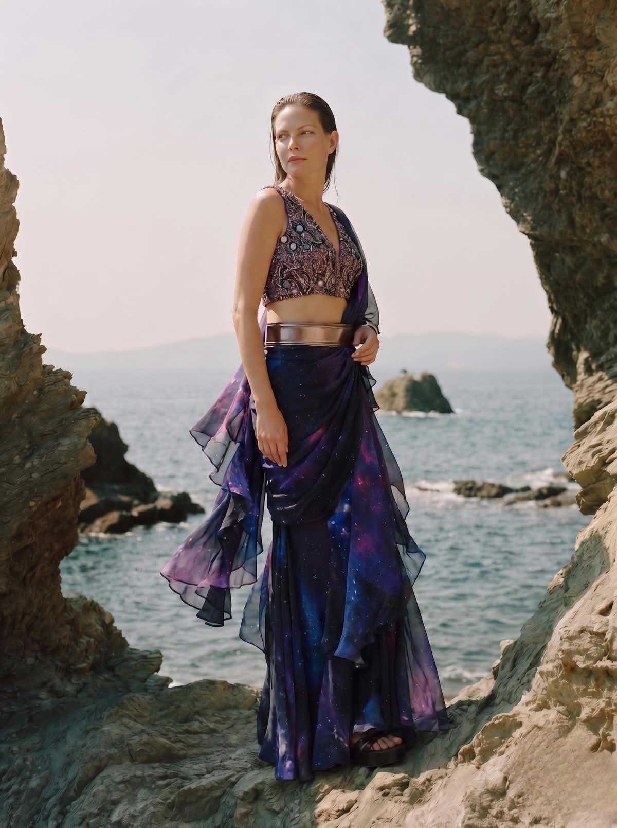 The Andromeda saree on the rocks at the shoreline, cosmic-print chiffon drawn across the body.